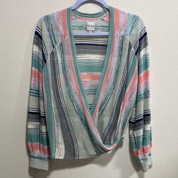 NIC+ZOE Petite Large 4-Way Cardigan Striped Linen Blend Pastel Knit Top - Picture 9 of 15